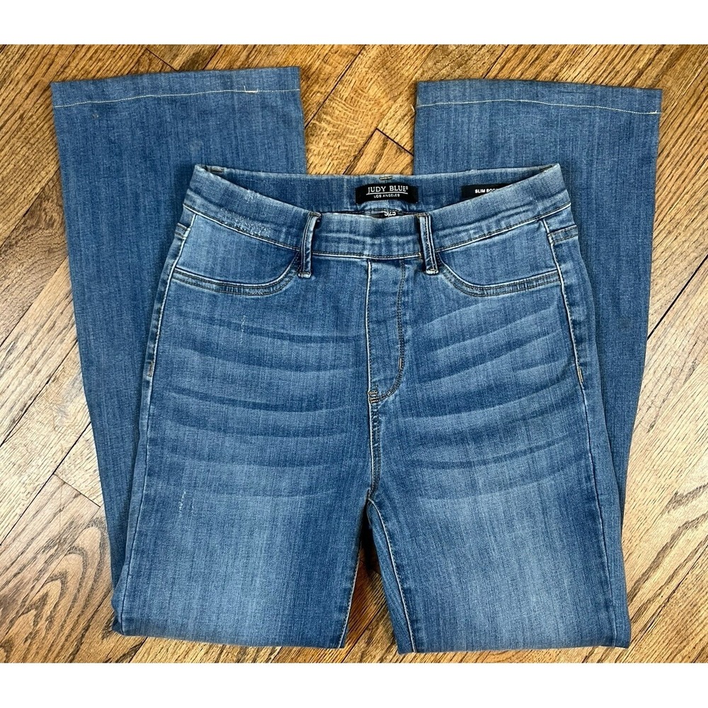 Judy Blue Slim Boot Distressed Denim Blue Stretch Waist Jeans Women's Sz 28x30 - Picture 1 of 7
